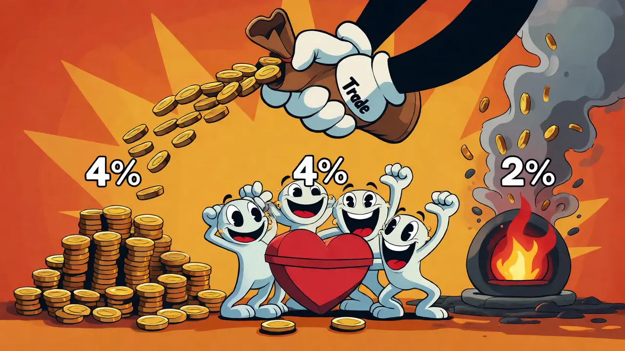 Visual breakdown of token fees splitting into holder rewards, charity, and burning.