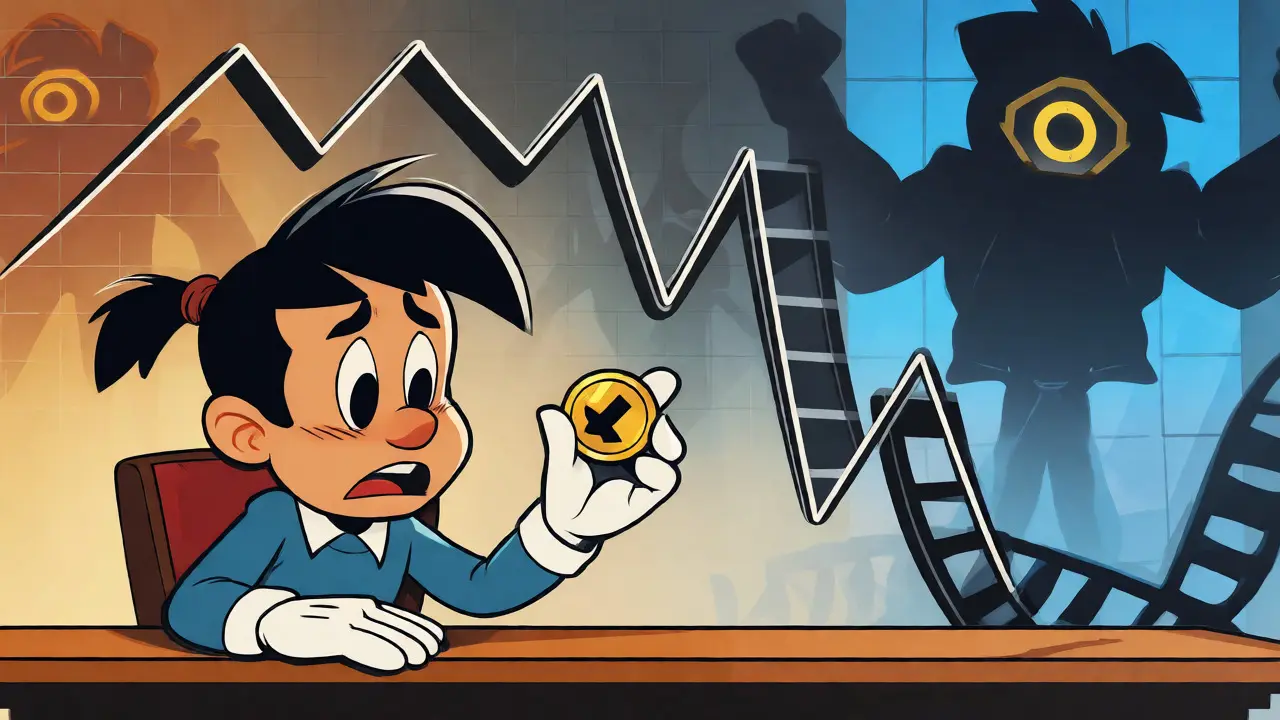 Worried cartoon character watching a crashing price chart